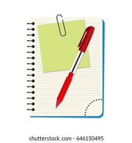 Notebook with green notice paper and red pen on a white background
