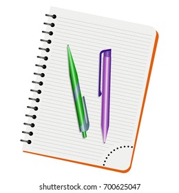 Notebook, green  pen and purple pen on a white background
