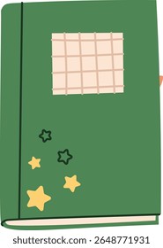 A notebook with a grid label and star decorations in a cartoon style. The cover features geometric patterns and celestial accents. Cartoon vector illustration.