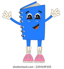 Notebook groovy character. Back to school. Knapsack. Funny school supplies. vector illustration in contour flat retro classic cartoon style of 60s 70s.