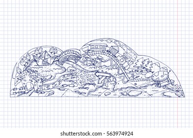 Notebook, hand drawn fantasy doodle map. Tourism and recreation. Vector illustration.