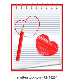 Notebook with hand drawn hearts and red pencil, vector eps10 illustration