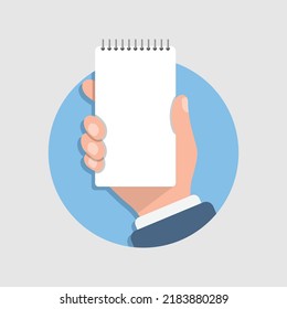 Notebook in hand illustration in flat style. Paper sheet vector illustration on isolated background. Page sign business concept.