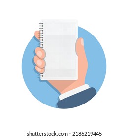 Notebook in hand illustration in flat style. Paper sheet vector illustration on isolated background. Page sign business concept.