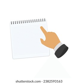 Notebook and hand. Hand indicating on notebook. Concept organize, planning or writing.
