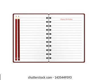 Notebook hand-drawn. Dairy and pencils. Greeting card on holiday. Vector. A realistic notepad. Office stationery. For notes