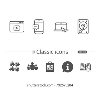 Notebook, Hard disk drive and Browser window line icons. Smartphone communication sign. Computer devices. Information speech bubble sign. And more signs. Editable stroke. Vector
