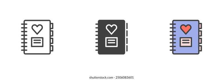 Notebook with heart different style icon set. Line, glyph and filled outline colorful version, outline and filled vector sign. Love diary Symbol, logo illustration. Vector graphics