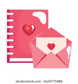 notebook with heart and envelope isolated icon vector illustration design