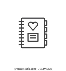 Notebook with heart line icon, outline vector sign, linear style pictogram isolated on white. Love diary symbol, logo illustration. Editable stroke