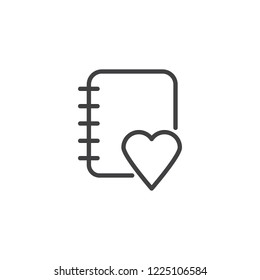 Notebook and heart outline icon. linear style sign for mobile concept and web design. Favorite note book simple line vector icon. Symbol, logo illustration. Pixel perfect vector graphics
