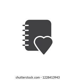 Notebook and heart vector icon. filled flat sign for mobile concept and web design. Favorite note book simple solid icon. Symbol, logo illustration. Pixel perfect vector graphics