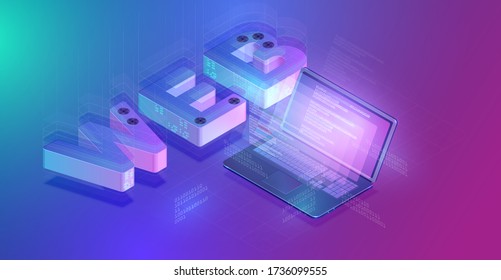 Notebook with huge 3D WEB text with grids and lines, isometric vector illustration