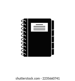 Notebook icon in black flat glyph, filled style isolated on white background