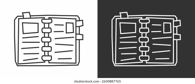 Icono del cuaderno en el arte de la línea negra y estilo del recorte del arte de la línea blanca