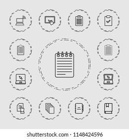 Notebook icon. collection of 13 notebook outline icons such as finger on tablet, pointing on document, paper, check list. editable notebook icons for web and mobile.