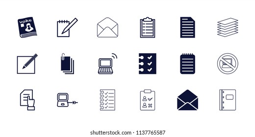 Notebook icon. collection of 18 notebook filled and outline icons such as magazine, envelope, checklist, paper and pen. editable notebook icons for web and mobile.