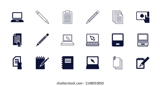 Notebook icon. collection of 18 notebook filled and outline icons such as pointing on document, notepad, laptop, finger on tablet. editable notebook icons for web and mobile.