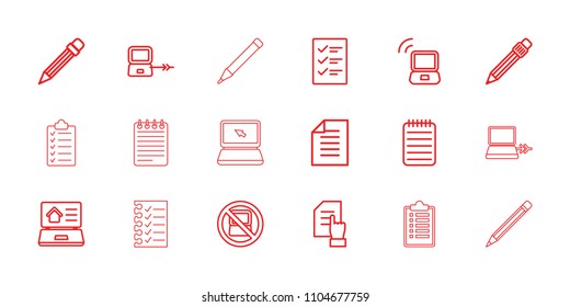 Notebook icon. collection of 18 notebook outline icons such as no laptop, laptop connection, pointing on document, pen, pencil. editable notebook icons for web and mobile.