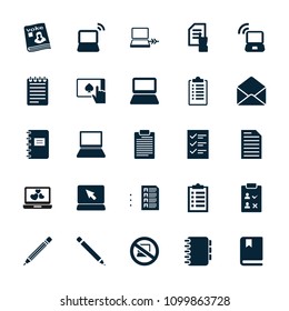 Notebook icon. collection of 25 notebook filled icons such as pointing on document, laptop, magazine, envelope, book, checklist. editable notebook icons for web and mobile.