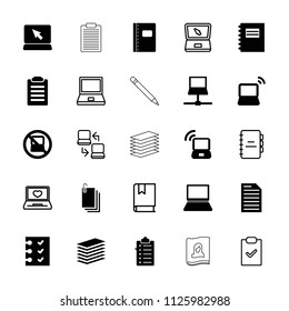 Notebook icon. collection of 25 notebook filled and outline icons such as no laptop, laptop, notepad, checklist, check list, book. editable notebook icons for web and mobile.
