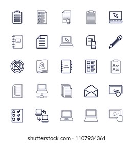 Notebook icon. collection of 25 notebook outline icons such as no laptop, finger on tablet, pointing on document, laptop. editable notebook icons for web and mobile.