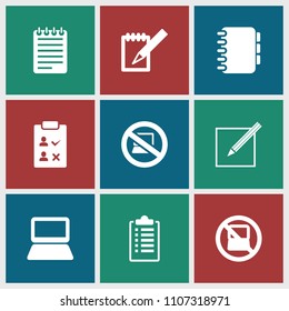 Notebook icon. collection of 9 notebook filled icons such as no laptop, paper and pen, check list, checklist. editable notebook icons for web and mobile.