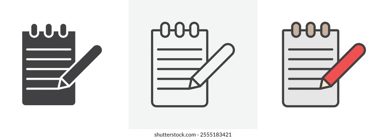 Notebook icon collection in black and colored style.