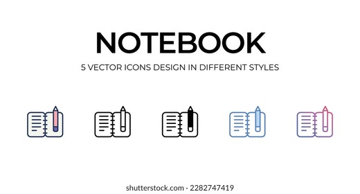 Notebook Icon Design in Five style with Editable Stroke. Line, Solid, Flat Line, Duo Tone Color, and Color Gradient Line. Suitable for Web Page, Mobile App, UI, UX�and�GUI�design.