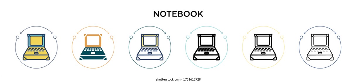 Notebook icon in filled, thin line, outline and stroke style. Vector illustration of two colored and black notebook vector icons designs can be used for mobile, ui, web