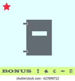 Notebook icon flat. Grey pictogram on blue background. Vector illustration symbol and bonus buttons medal, cow, earth, eye, calculator
