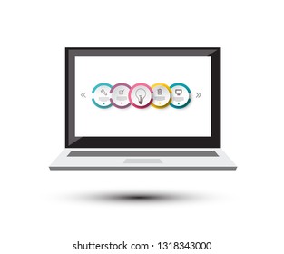 Notebook Icon with Infographic Elements on Screen. Vector Laptop Symbol with Circle Infographic Labels on Display.