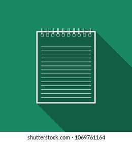 Notebook icon isolated with long shadow. Spiral notepad icon. School notebook. Writing pad. Diary for business. Notebook cover design. Office stationery items. Flat design. Vector Illustration