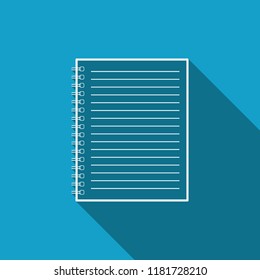Notebook icon isolated with long shadow. Spiral notepad icon. School notebook. Writing pad. Diary for business. Notebook cover design. Office stationery items. Flat design. Vector Illustration