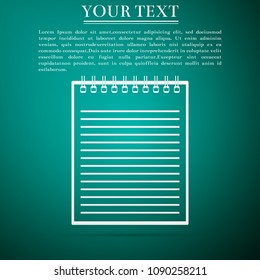 Notebook icon isolated on green background. Spiral notepad icon. School notebook. Writing pad. Diary for business. Notebook cover design. Office stationery items. Flat design. Vector Illustration