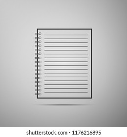 Notebook icon isolated on grey background. Spiral notepad icon. School notebook. Writing pad. Diary for business. Notebook cover design. Office stationery items. Flat design. Vector Illustration