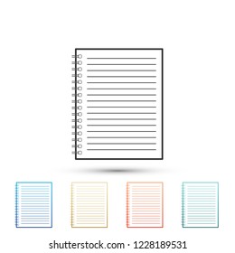 Notebook icon isolated on white background. Spiral notepad icon. School notebook. Writing pad. Diary for business. Notebook cover design. Office stationery items. Flat design. Vector Illustration
