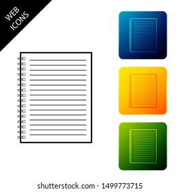 Notebook icon isolated. Spiral notepad icon. School notebook. Writing pad. Diary for business. Notebook cover design. Office stationery items. Set icons colorful square buttons. Vector Illustration
