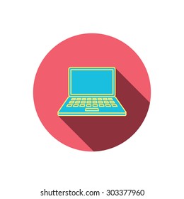 Notebook icon. Mobile laptop sign. Red flat circle button. Linear icon with shadow. Vector