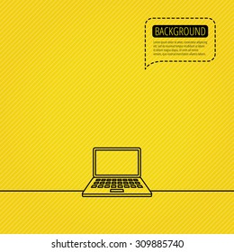 Notebook icon. Mobile laptop sign. Speech bubble of dotted line. Orange background. Vector