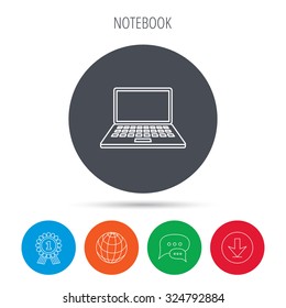 Notebook icon. Mobile laptop sign. Globe, download and speech bubble buttons. Winner award symbol. Vector