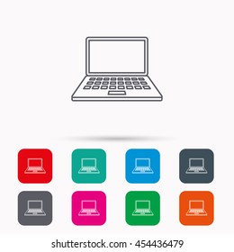Notebook icon. Mobile laptop sign. Linear icons in squares on white background. Flat web symbols. Vector