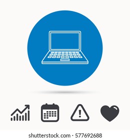 Notebook icon. Mobile laptop sign. Calendar, attention sign and growth chart. Button with web icon. Vector