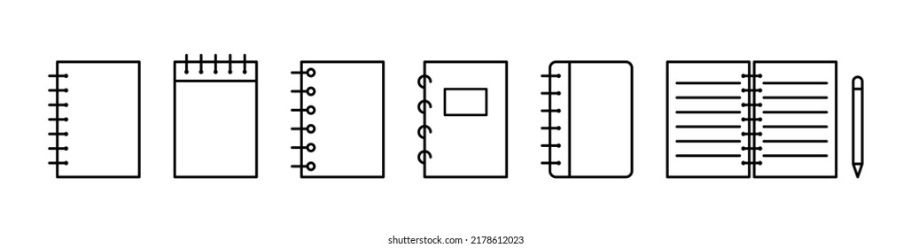 Notebook icon. Notepad journal icon collection. Notebook, note outline sign.Stock vector. EPS 10