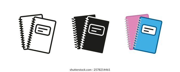 Notebook icon. Notepad with spiral binder vector illustration. Office and school supplies symbol. Educational stationery sign. Paper text book pictogram. Planner or document concept isolated.