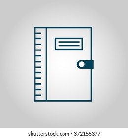 notebook icon, on grey background, blue outline, large size symbol