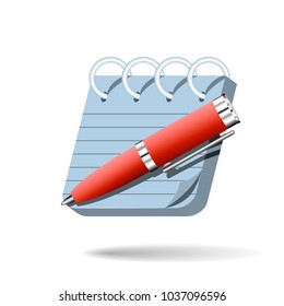 Notebook icon with red fat pen. Office stationery for study or work in your design