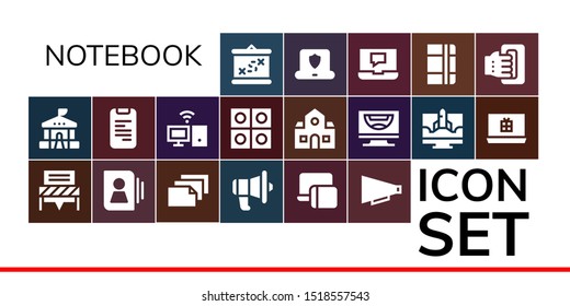 notebook icon set. 19 filled notebook icons.  Simple modern icons about  - Boarding, School, Communication, Contact, Paper, Responsive, Phone book, Personal computer, Tablets