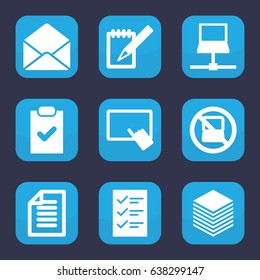 Notebook icon. set of 9 filled notebook icons such as no laptop, finger on tablet, envelope, notebook, paper, checklist