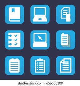 Notebook icon. set of 9 filled notebook icons such as pointing on document, paper, laptop, notebook, checklist